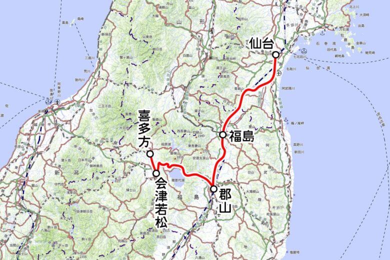 JR東日本の観光列車「フルーティアふくしま」運転区間（国土地理院の地図を元に作成）