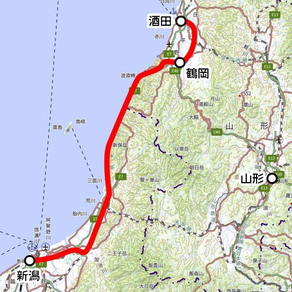 JR東日本の観光列車「海里」運転区間（国土地理院の地図を元に作成
