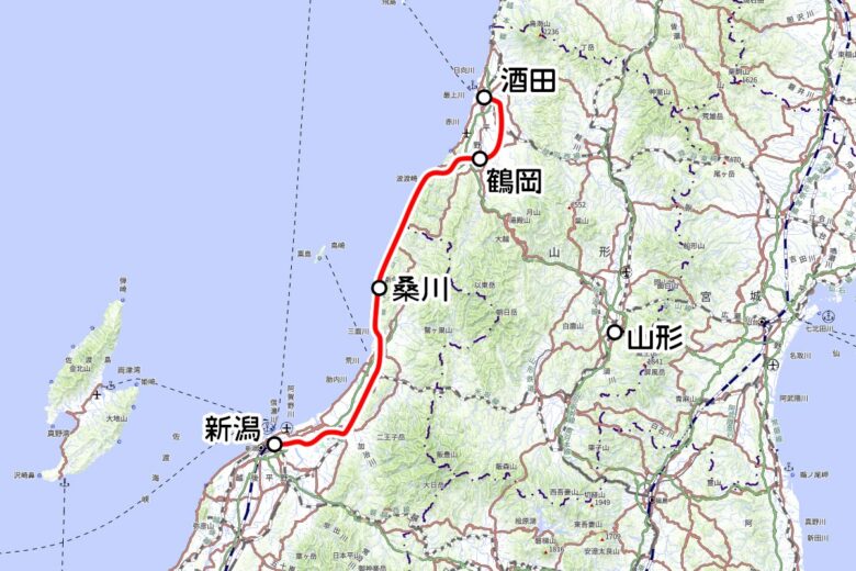 JR東日本の観光列車「海里」運転区間（地理院地図を元に作成）