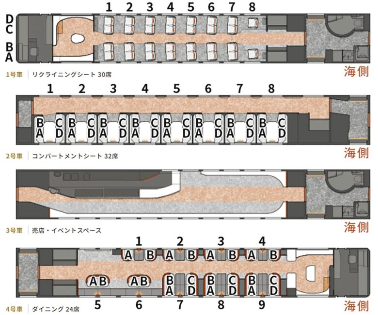 JR東日本の観光列車「海里」シートマップ（JR東日本公式サイトより引用）