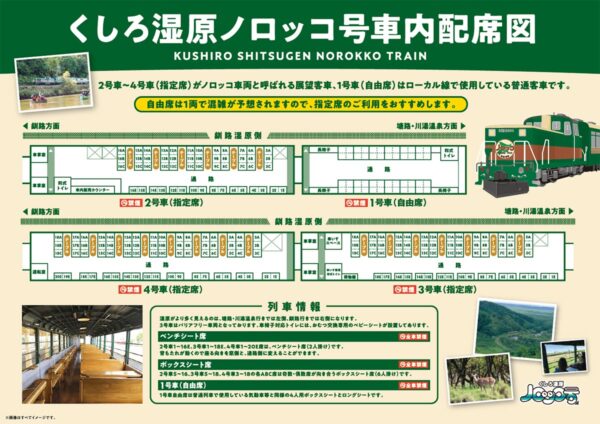 JR北海道の観光列車「くしろ湿原ノロッコ号」シートマップ（JR北海道公式サイトより引用）