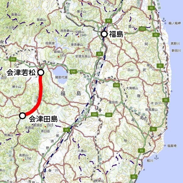 会津鉄道の観光列車「お座トロ展望列車」運転区間（国土地理院の地図を元に作成）
