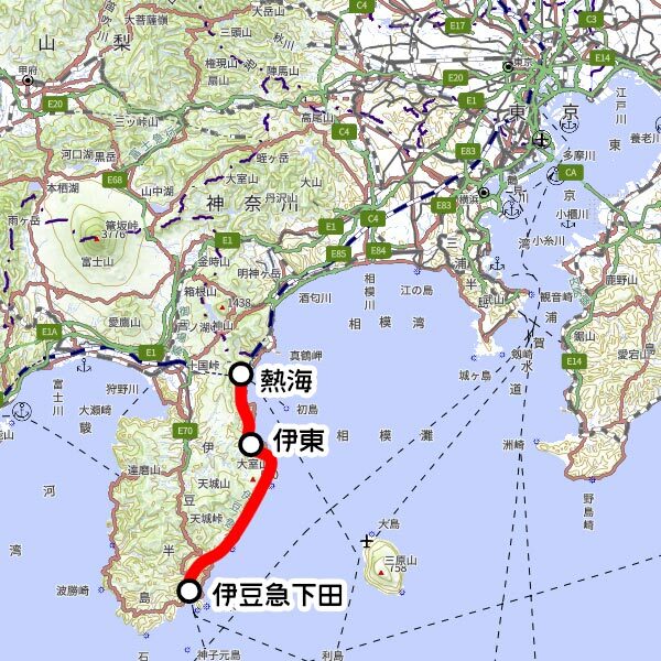 伊豆急の観光列車「リゾート21」運転区間（国土地理院の地図を元に作成）