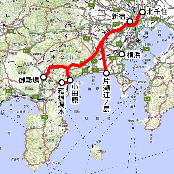 小田急の観光列車「ロマンスカー」運転区間（国土地理院の地図を元に作成）