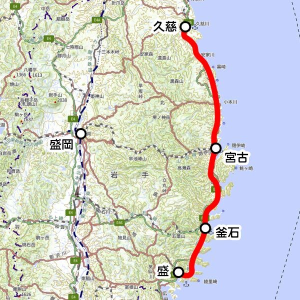 三陸鉄道の観光列車「さんりくしおさい」運転区間（国土地理院の地図を元に作成）