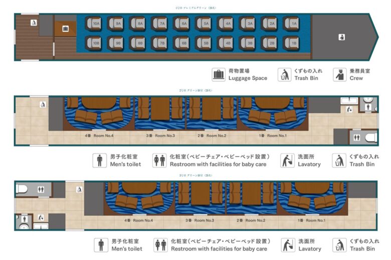 JR東日本の観光列車「サフィール踊り子」1～3号車シートマップ（JR東日本公式サイトより引用）