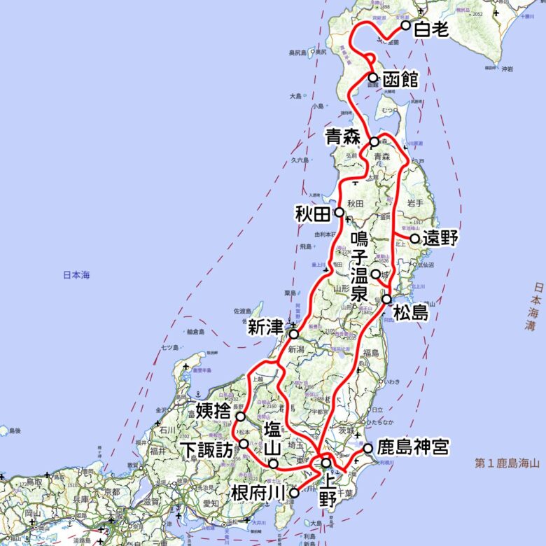 JR東日本の観光列車「TRAIN SUITE 四季島」運転区間（国土地理院の地図を元に作成）