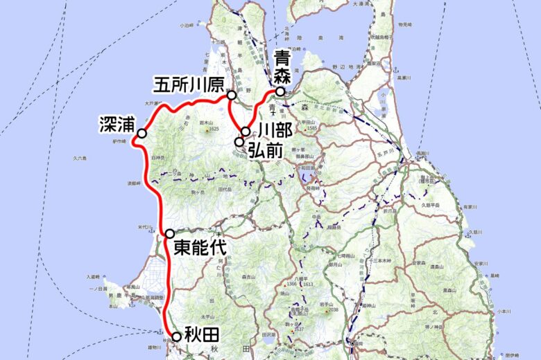 JR東日本の観光列車「リゾートしらかみ」運転区間（国土地理院の地図を元に作成）