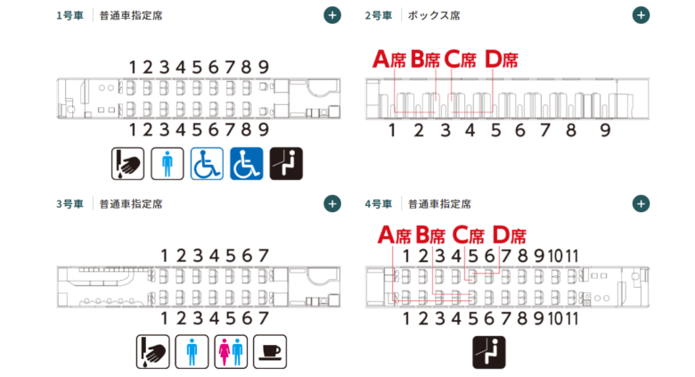 JR東日本の観光列車「リゾートしらかみ」橅（ブナ）編成シートマップ（JR東日本公式サイトより引用）