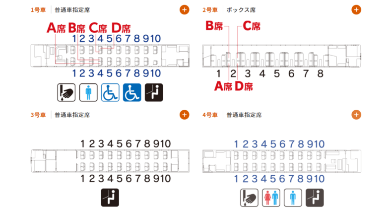 JR東日本の観光列車「リゾートしらかみ」くまげら編成シートマップ（JR東日本公式サイトより引用）