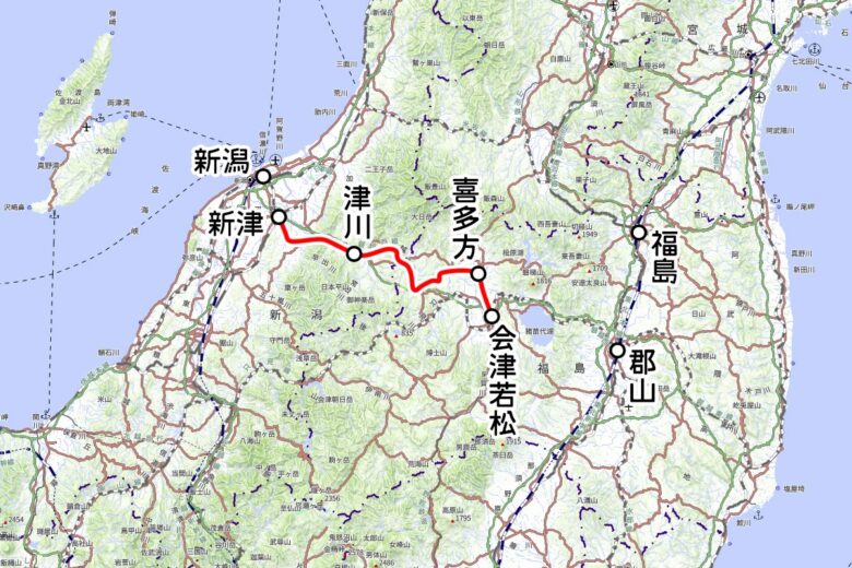 JR東日本の観光列車「SLばんえつ物語」運転区間（国土地理院の地図を元に作成）