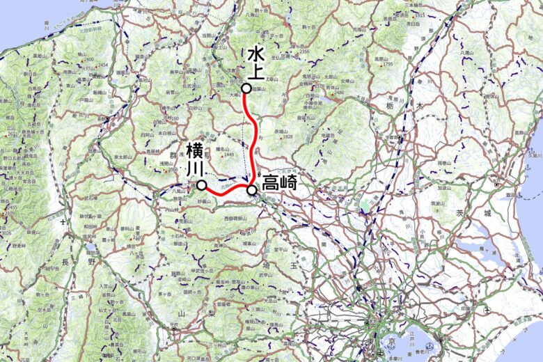 JR東日本の観光列車「SLぐんま」運転区間（国土地理院の地図を元に作成）