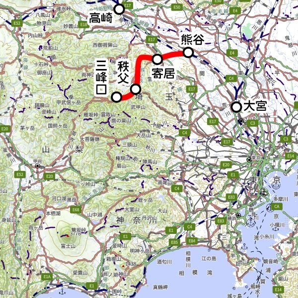 秩父鉄道の観光列車「SLパレオエクスプレス」運転区間（国土地理院の地図を元に作成）