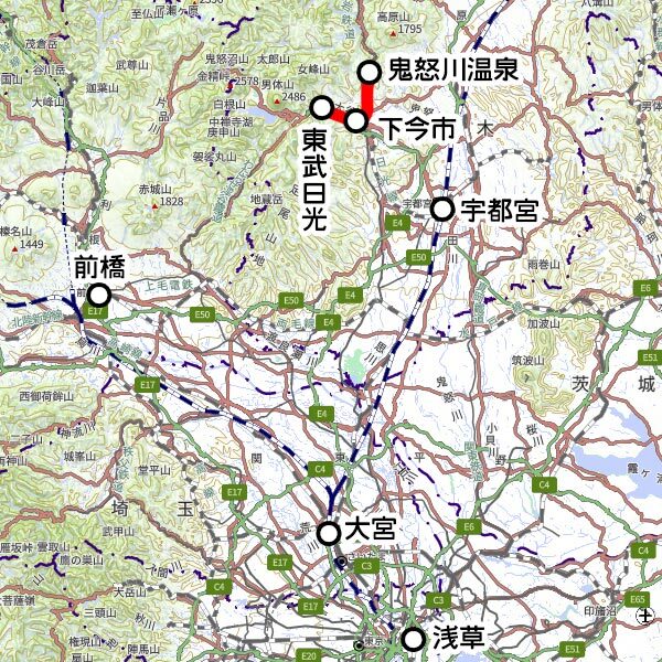 東武鉄道の観光列車「SL大樹」「SL大樹『ふたら』」運転区間（国土地理院の地図を元に作成）