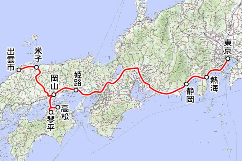 JR西日本・JR東海の寝台列車「サンライズ瀬戸」「サンライズ出雲」運転区間（国土地理院の地図を元に作成）