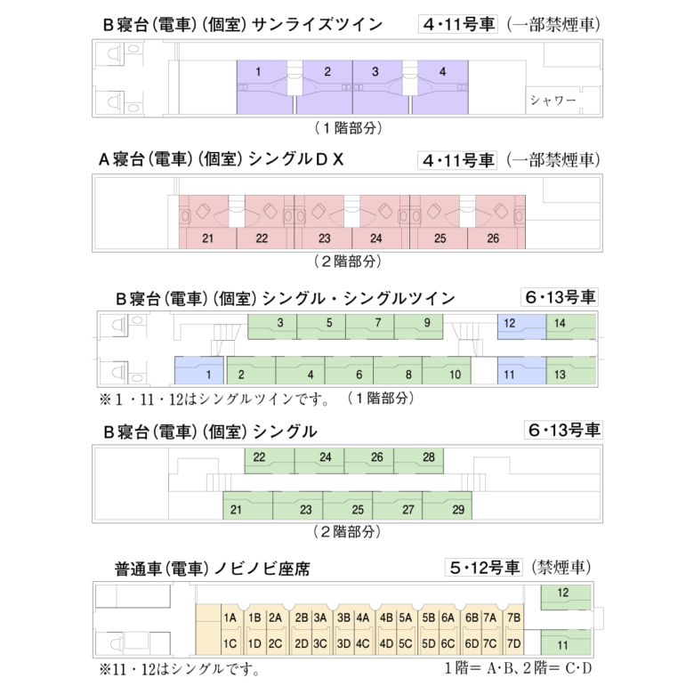 JR西日本・JR東海の寝台列車「サンライズ瀬戸」「サンライズ出雲」シートマップ（JR西日本公式サイトより引用）