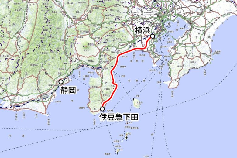東急の観光列車「THE ROYAL EXPRESS」運転区間（地理院地図を元に作成）