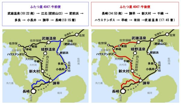 「ふたつ星4047」と西九州新幹線の運転区間（JR九州ニュースリリースより）