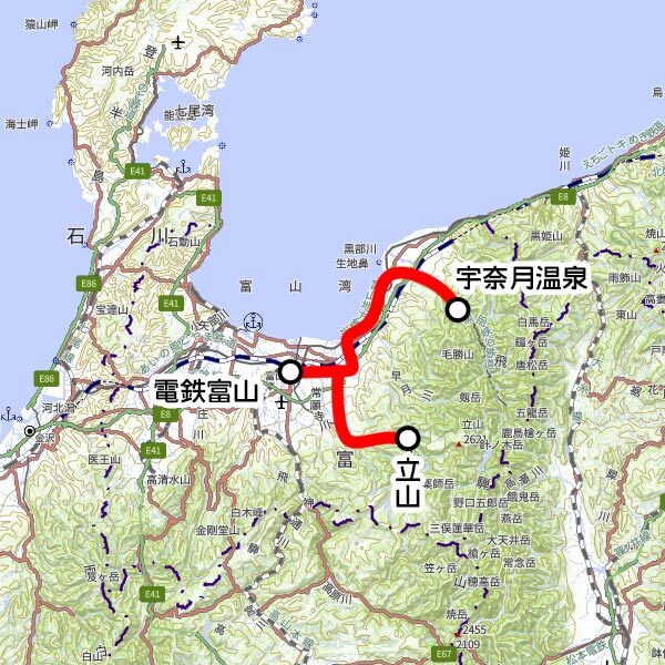 富山地鉄の観光列車「アルプスエキスプレス」運転区間（国土地理院の地図を元に作成）