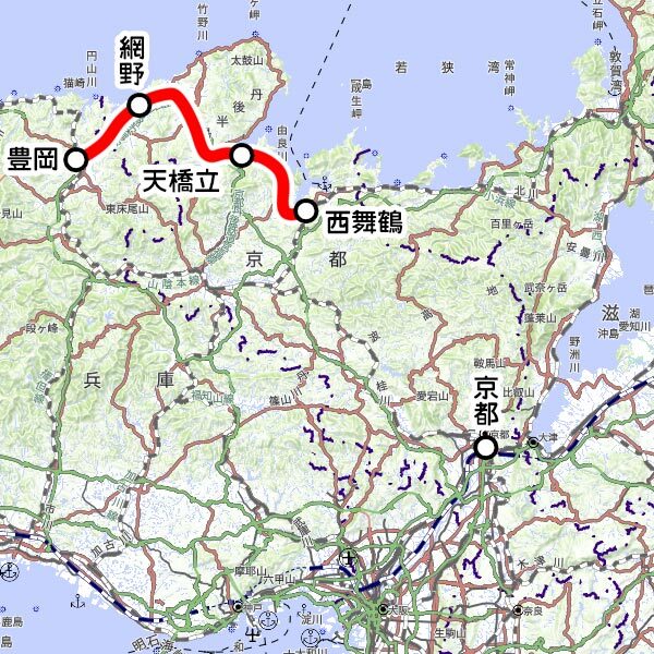 京都丹後鉄道の観光列車「丹後あおまつ号」運転区間（国土地理院の地図を元に作成）