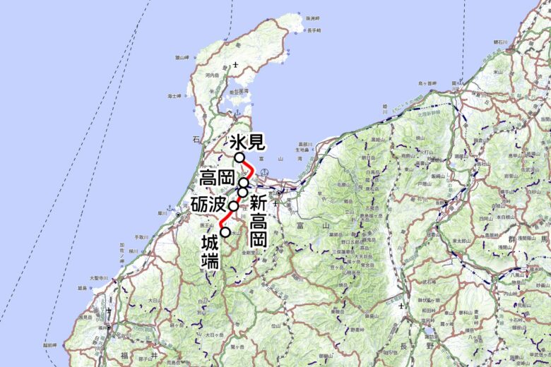 JR西日本の観光列車「ベル・モンターニュ・エ・メール～べるもんた～」運転区間（国土地理院の地図を元に作成）