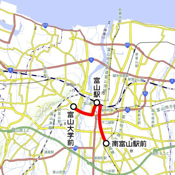 富山地鉄の観光列車「レトロ電車」運転区間（国土地理院の地図を元に作成）