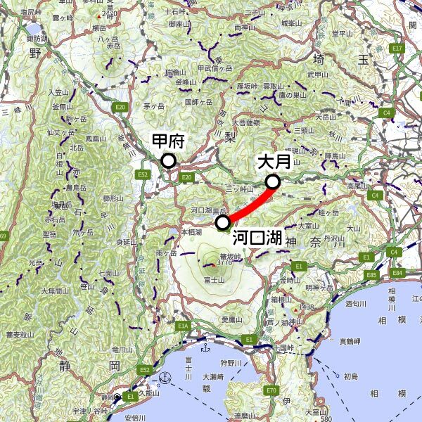 富士山麓電気鉄道の観光列車「フジサン特急」運転区間（国土地理院の地図を元に作成）