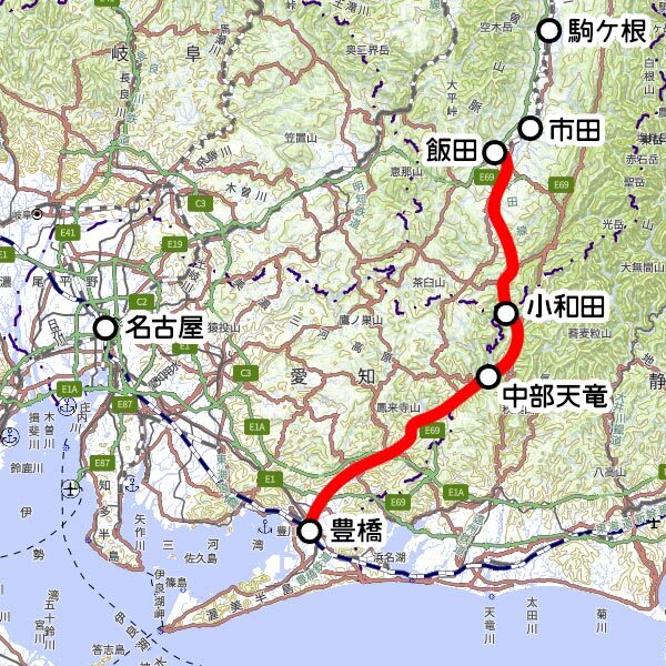 JR東海の観光列車「飯田線秘境駅号」運転区間（国土地理院の地図を元に作成）
