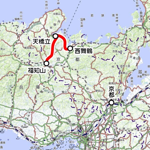 京都丹後鉄道の観光列車「丹後くろまつ号」運転区間（国土地理院の地図を元に作成）