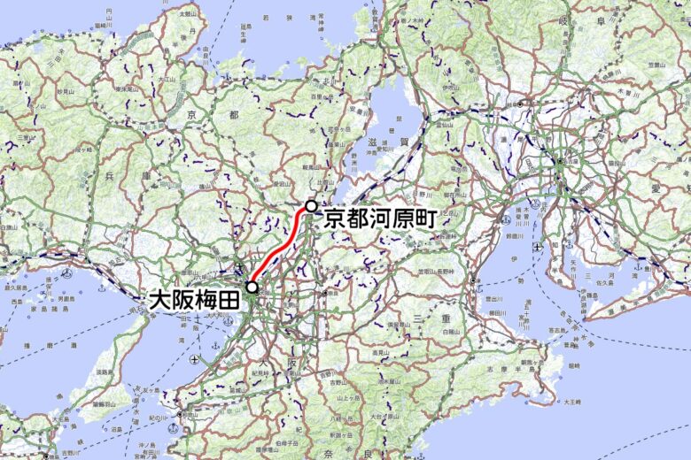 阪急電鉄の観光列車「京とれいん 雅洛」運転区間（国土地理院の地図を元に作成）