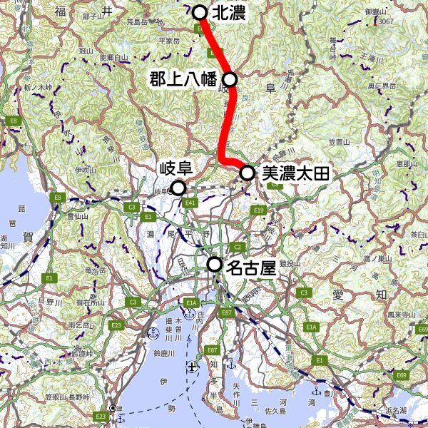 長良川鉄道の観光列車「ながら」運転区間（国土地理院の地図を元に作成）