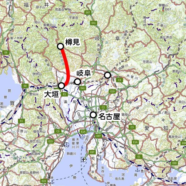樽見鉄道の観光列車「ねおがわ」運転区間（国土地理院の地図を元に作成）
