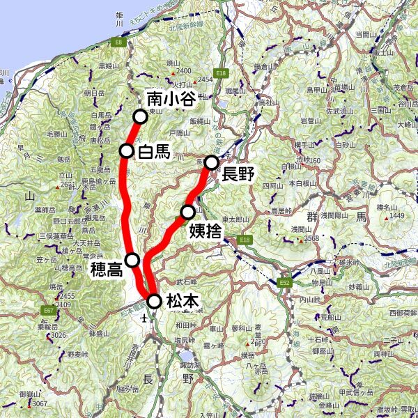 JR東日本の観光列車「リゾートビューふるさと」運転区間（国土地理院の地図を元に作成）
