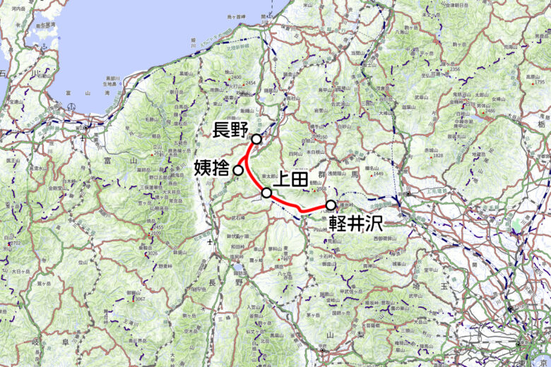 しなの鉄道の観光列車「ろくもん」運転区間（地理院地図を元に作成）