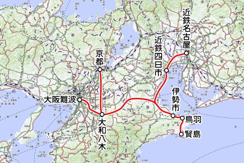 近鉄の観光列車「しまかぜ」運転区間（国土地理院の地図を元に作成）