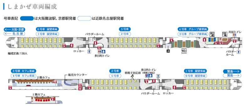 近鉄の観光列車「しまかぜ」シートマップ（近鉄公式サイトより引用）