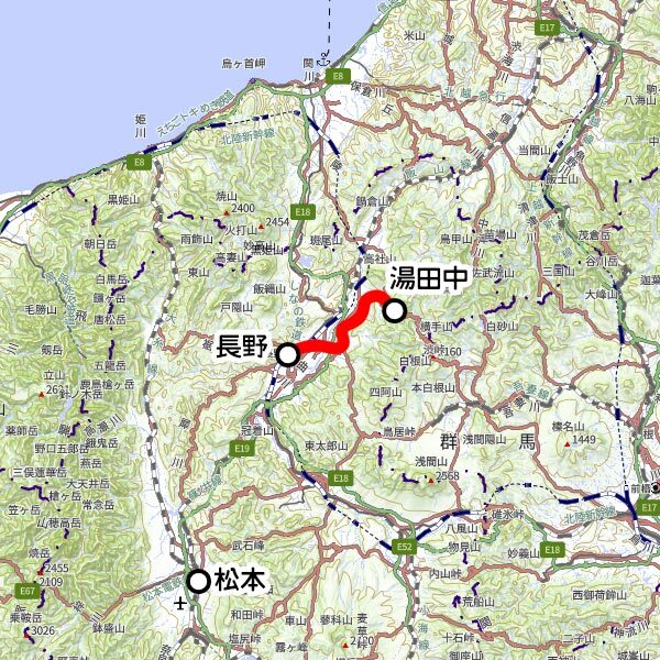 長野電鉄の観光列車「スノーモンキー」運転区間（国土地理院の地図を元に作成）