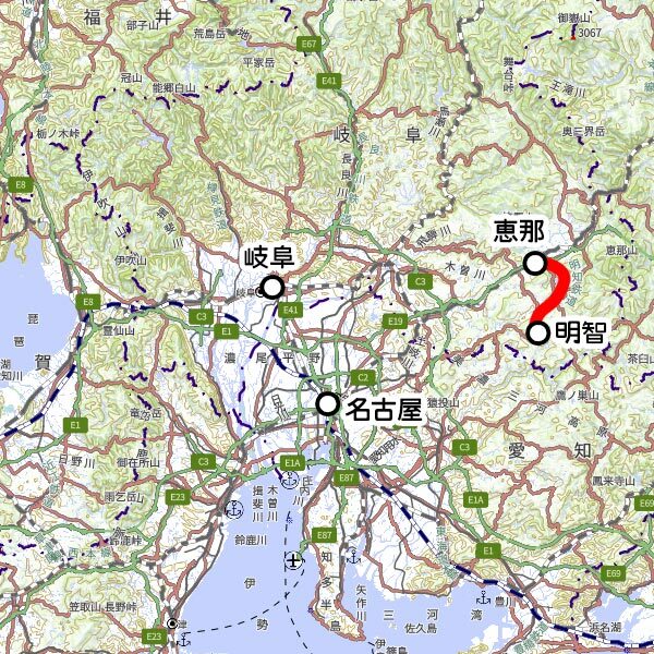 明知鉄道の観光列車「大正ロマン号」運転区間（国土地理院の地図を元に作成）