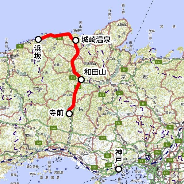 JR西日本の観光列車「うみやまむすび」運転区間（国土地理院の地図を元に作成）