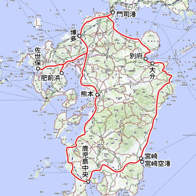 JR九州の観光列車「36ぷらす3」運転区間（国土地理院の地図を元に作成）