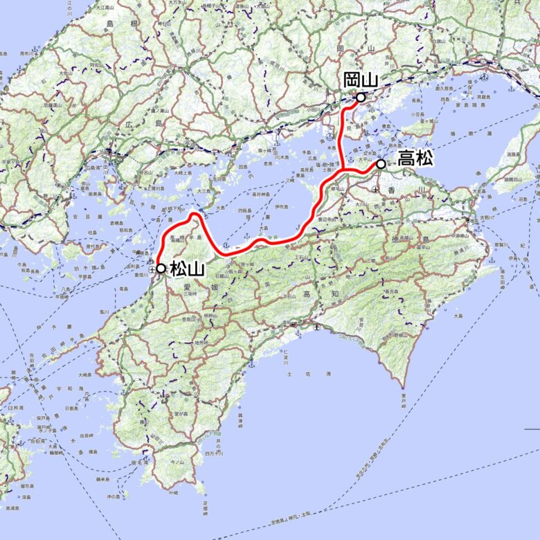 JR四国の観光列車「予讃線 8000系アンパンマン列車」運転区間（国土地理院の地図を元に作成）
