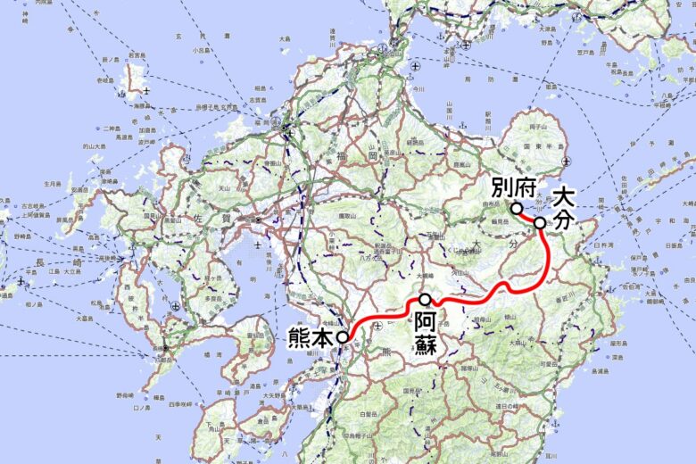 JR九州の観光列車「あそぼーい！」運転区間（国土地理院の地図を元に作成）