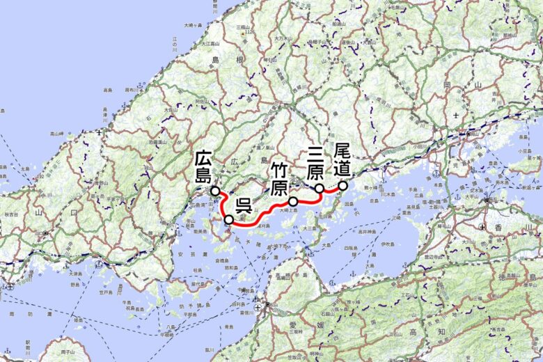 JR西日本の観光列車「etSETOra」運転区間（国土地理院の地図を元に作成）