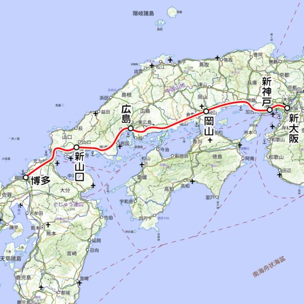 JR西日本の観光列車「ハローキティ新幹線」運転区間（国土地理院の地図を元に作成）