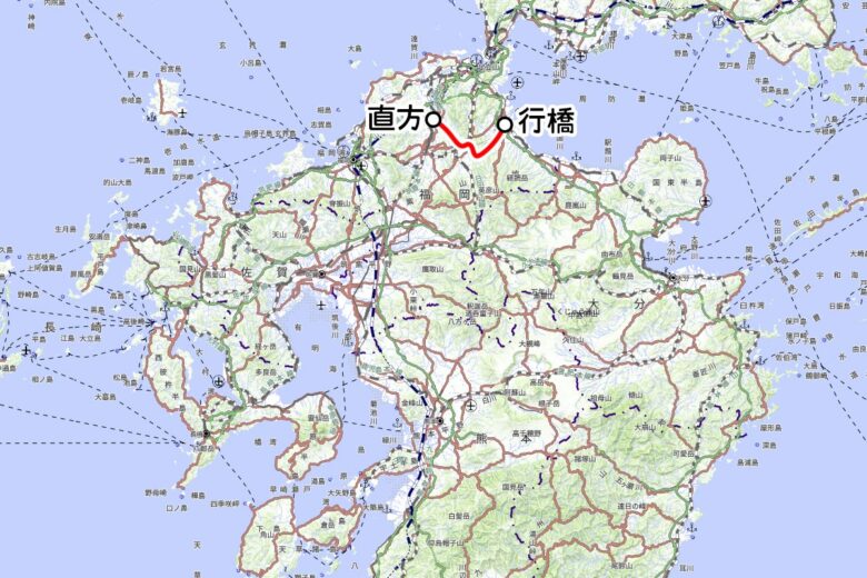 平成筑豊鉄道の観光列車「ことこと列車」運転区間（国土地理院の地図を元に作成）