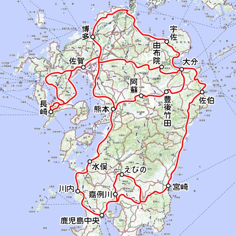 JR九州の観光列車「ななつ星in九州」運転区間（国土地理院の地図を元に作成）