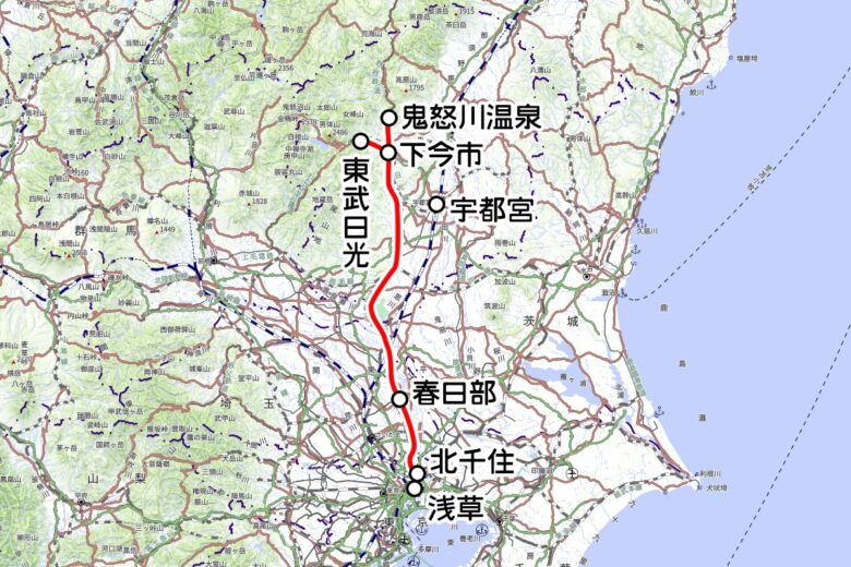 東武鉄道の観光列車「スペーシア X」運転区間（地理院地図を元に作成）