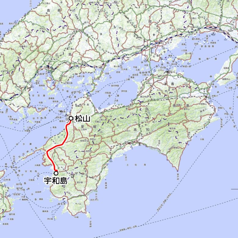 JR四国の観光列車「予讃線 宇和海アンパンマン列車」運転区間（国土地理院の地図を元に作成）