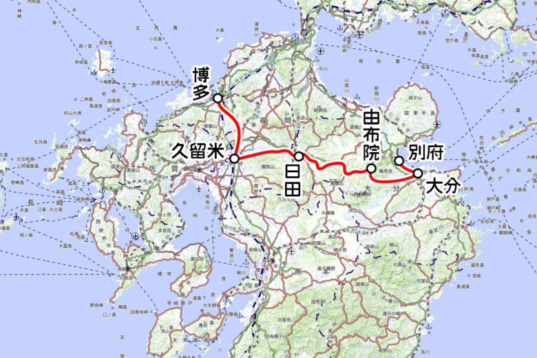 JR九州の観光列車「かんぱち・いちろく」運転区間（国土地理院の地図を元に作成）