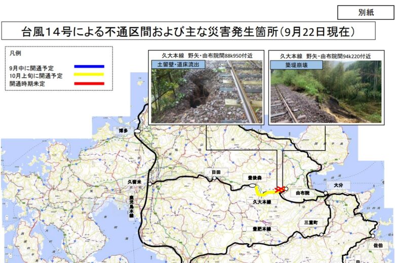 台風14号の影響による久大本線の被災状況（JR九州ニュースリリースより）
